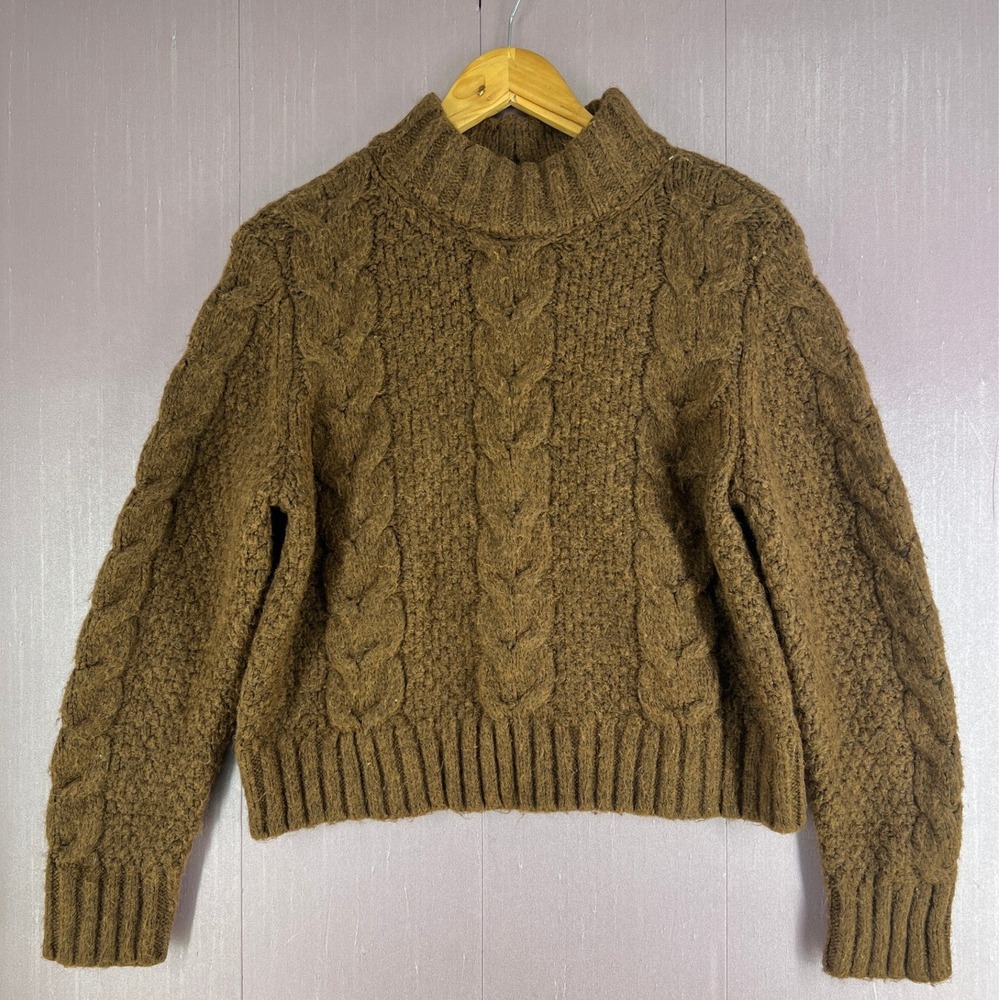Y2K American Eagle Brown Cable Knit Mock Neck Sweater Large Chunky Wool Blend